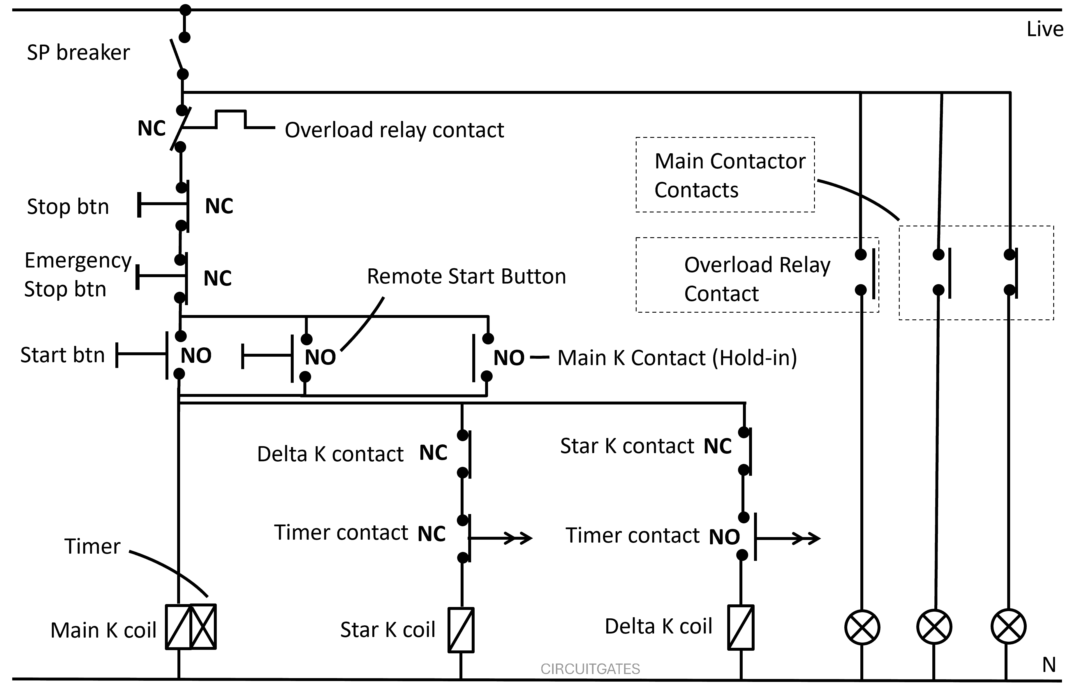 star-delta starter control circuit with more control components